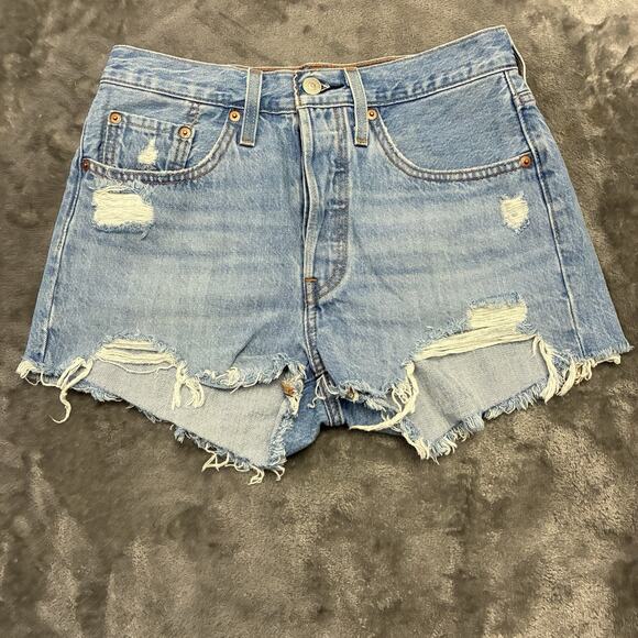 Levi's 501 Jean Shorts Womens Sz.26 Blue Daisy Duke Button Fly Distressed Denim - Picture 1 of 9